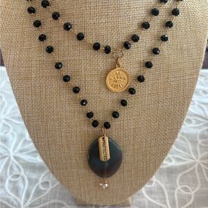 “Protected” Black and Gold Rosary Style Necklace + Evil Eye Coin + Agate Pendant